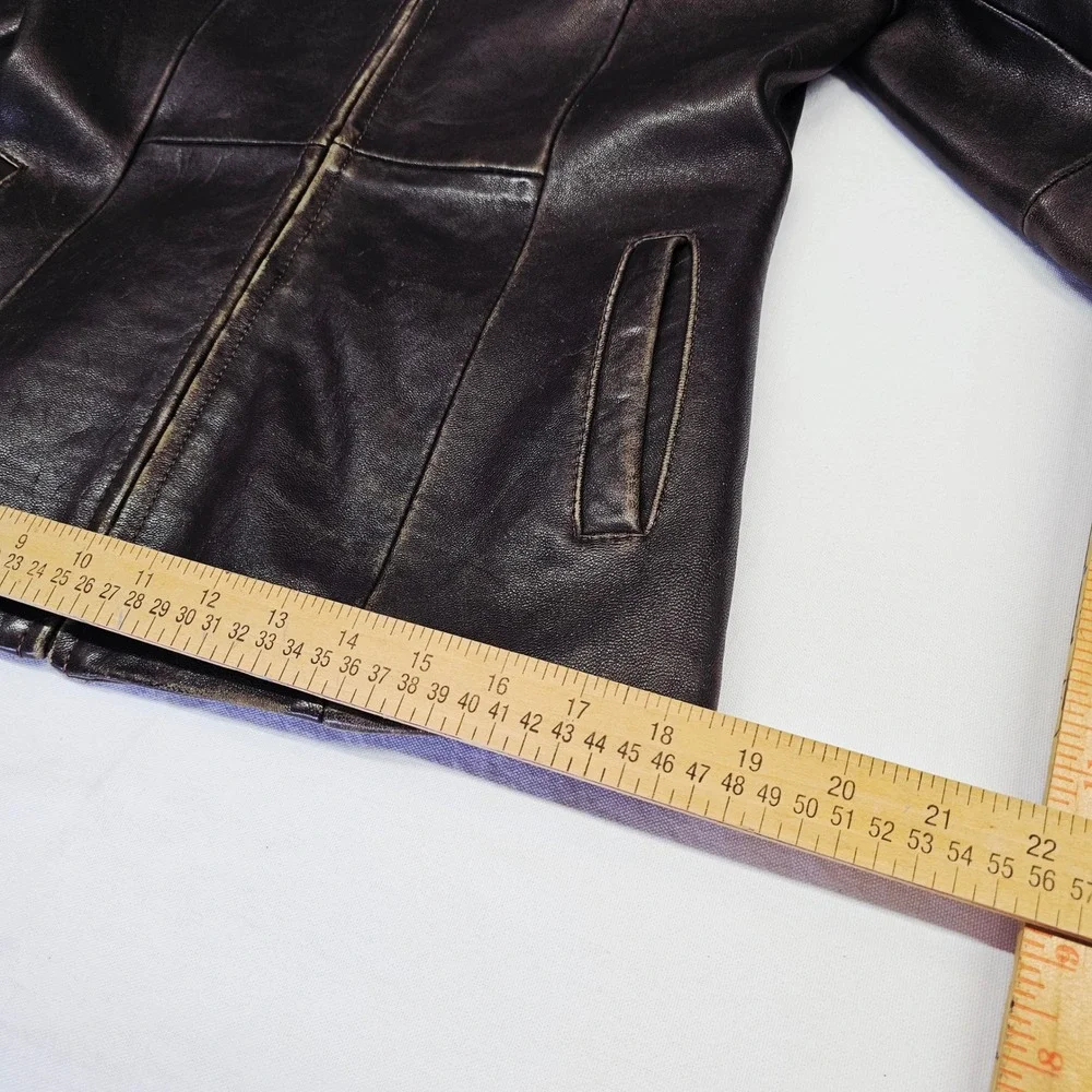 Petite Sophisticate Leather Jacket Womens M Dark Brown Distressed Zip Biker Grng - Picture 6 of 9
